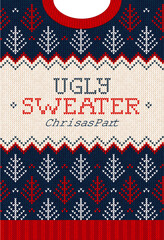 Ugly sweater Christmas party invite. Knitted background pattern scandinavian knitting ornaments.