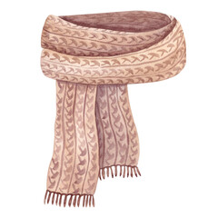 Knitted brown scarf isolated on white. Hand-drawn watercolor illustration.