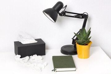  Rectangular tissue box holder with messy paper napkins around. Concept fatigue, depression, mental health, crying, sadness