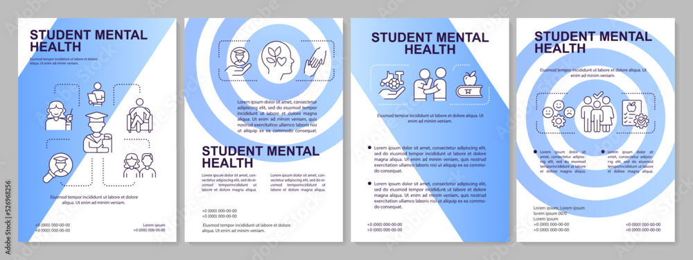 Wall mural Student mental wellness and wellbeing blue gradient brochure template. Leaflet design with linear icons. 4 vector layouts for presentation, annual reports. Arial, Myriad Pro-Regular fonts used - Wall murals