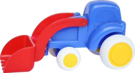 Colorful plastic toy bulldozer in PNG transparent background file