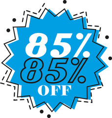 ..,, 85% discount (eighty-five percent) art in blue color with black dash and and white numbers