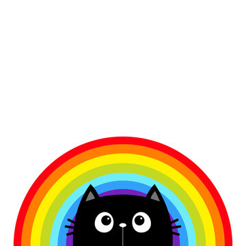 Black cat and rainbow. Cute cartoon character. Valentines Day. Kawaii animal. Love Greeting card. LGBT flag color sign symbol. Sticker print. Flat design. White background. Isolated.