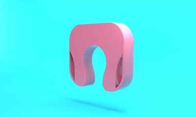 Pink Travel neck pillow icon isolated on turquoise blue background. Pillow U-shaped. Minimalism concept. 3D render illustration