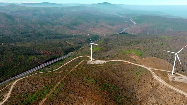 Barren Landscape Of A Wind Farm In Central Chile- Region Of Coquimbo. Forward Aerial 