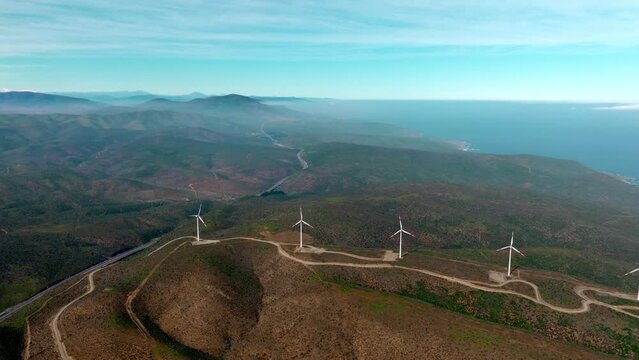Panoramic View Of Wind Turbines In The Wind Park Of A Deserted Area- Northern Chile. Wide Aerial