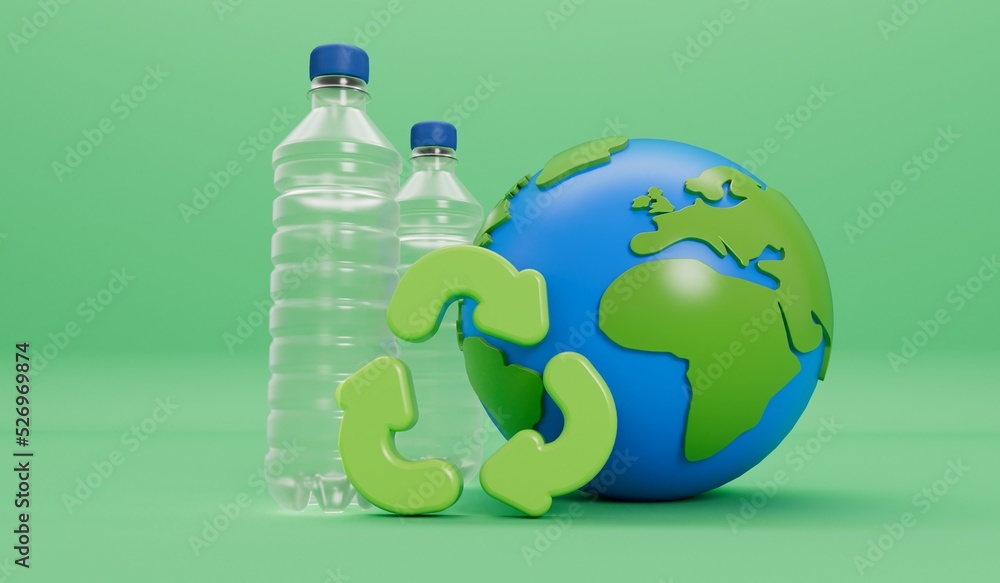 Wall mural earth globe with empty plastic bottles and recycle symbol. global plastic pollution concept. 3d rend