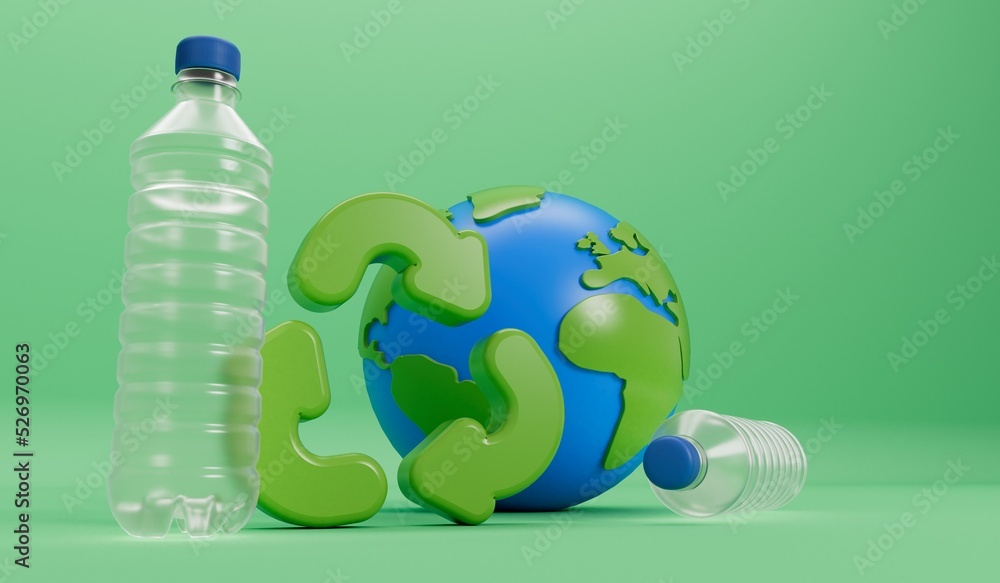 Wall mural earth globe with empty plastic bottles and recycle symbol. global plastic pollution concept. 3d rend