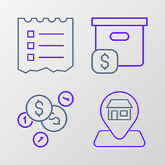 Set line Location Market store, Coin money with dollar, Carton cardboard box price and Shopping list icon. Vector