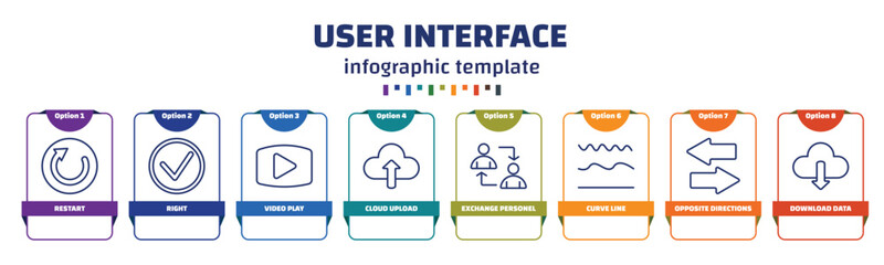 infographic template with icons and 8 options or steps. infographic for user interface concept. included restart, right, video play, cloud upload, exchange personel, curve line, opposite directions, - obrazy, fototapety, plakaty