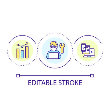 Software Developer Loop Concept Icon. Business Analyst Job. Professional Program Developer Abstract Idea Thin Line Illustration. Isolated Outline Drawing. Editable Stroke. Arial Font Used