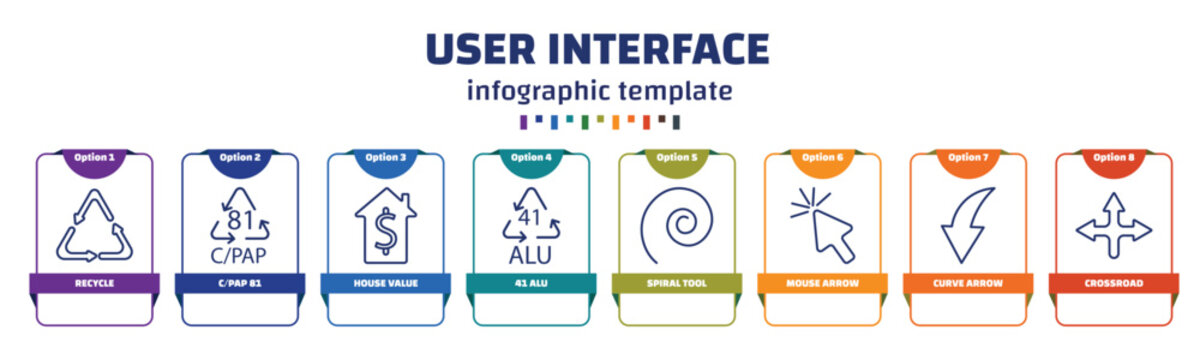 infographic template with icons and 8 options or steps. infographic for user interface concept. included recycle, c/pap 81, house value, 41 alu, spiral tool, mouse arrow, curve arrow, crossroad