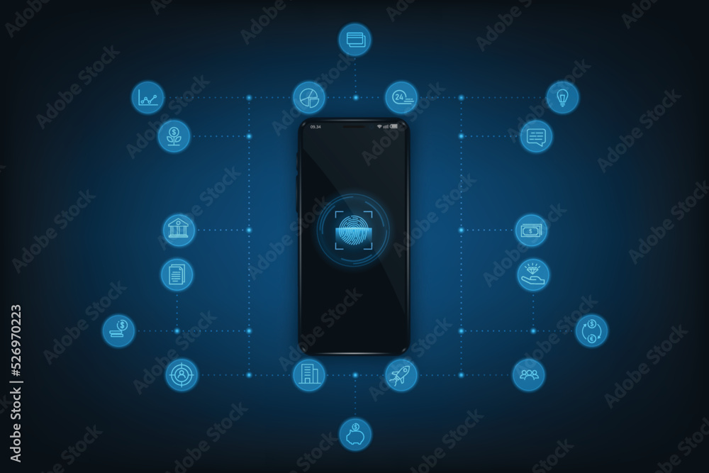 Poster vector online banking application security with fingerprint concept. future smartphone payment techn