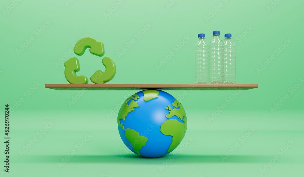 Wall mural earth globe with empty plastic bottles and recycle symbol. global plastic pollution concept. 3d rend