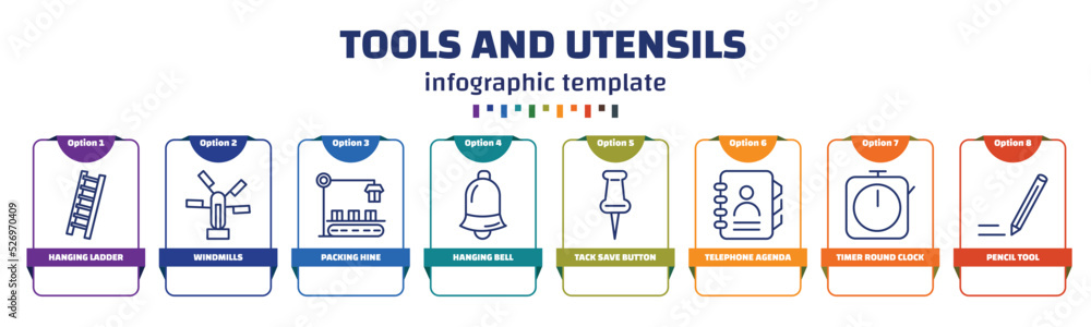 Aufkleber infographic template with icons and 8 options or steps. infographic for tools and utensils concept. 