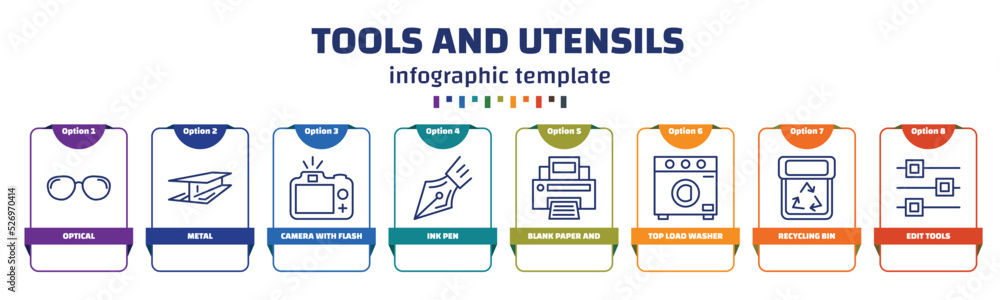 Aufkleber infographic template with icons and 8 options or steps. infographic for tools and utensils concept. 