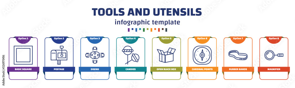 Aufkleber infographic template with icons and 8 options or steps. infographic for tools and utensils concept. 