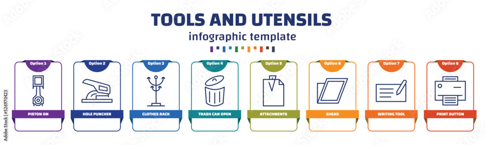 Aufkleber infographic template with icons and 8 options or steps. infographic for tools and utensils concept. 