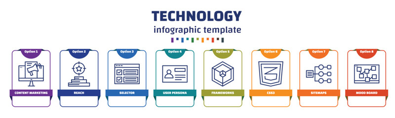 infographic template with icons and 8 options or steps. infographic for technology concept. included content marketing, reach, selector, user persona, frameworks, css3, sitemaps, mood board icons. - obrazy, fototapety, plakaty