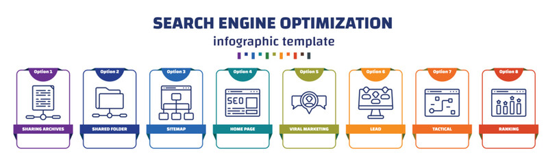 infographic template with icons and 8 options or steps. infographic for search engine optimization concept. included sharing archives, shared folder, sitemap, home page, viral marketing, lead, - obrazy, fototapety, plakaty