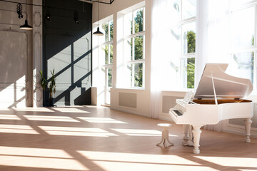Modern luxury interior of a loft style room with big windows and grand piano.