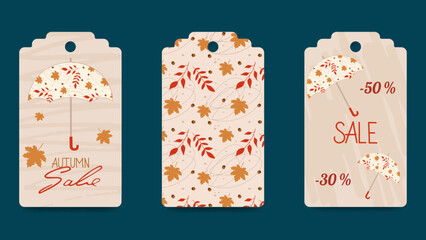 Set of abstract autumn gift tags. Umbrellas, leaves, strokes, isolated elements. Seasonal label templates for printing. For Thanksgiving, birthday, Christmas gifts. Vector