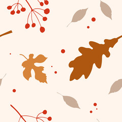 Naklejka premium Autumn abstract seamless pattern in modern hipster style. Autumn leaves, berries, spots. Trendy modern art with autumn elements. Vector