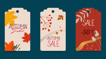 Set of abstract autumn gift tags. Leaves, berries shapes, strokes, individual elements. Seasonal label templates for printing. For Thanksgiving, birthday, Christmas gifts. Vector