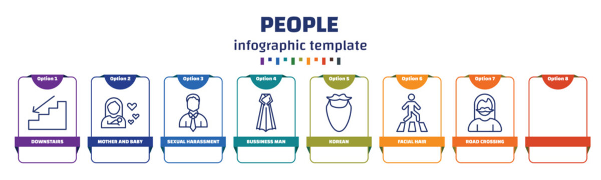 Infographic Template With Icons And 8 Options Or Steps. Infographic For People Concept. Included Downstairs, Mother And Baby, Sexual Harassment, Bussiness Man, Korean, Facial Hair, Road Crossing,