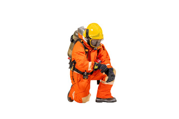 Firefighter man wearing protective fire suite and helmet with equipment and accessories is fire safety accident protection with white background.