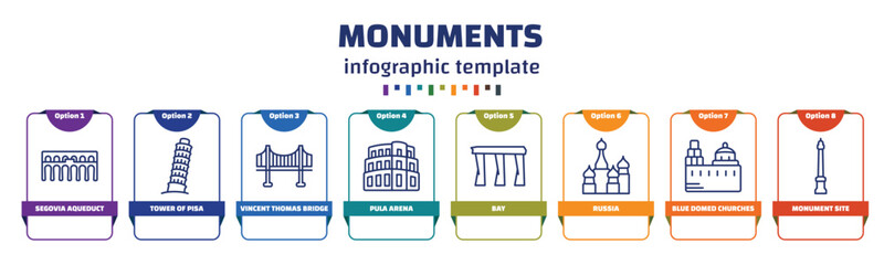 infographic template with icons and 8 options or steps. infographic for monuments concept. included segovia aqueduct, tower of pisa, vincent thomas bridge, pula arena, bay, russia, blue domed - obrazy, fototapety, plakaty