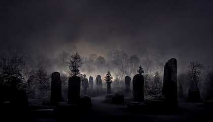 cemetery with pumpkins illustration for halloween.3D illustration.Digital painting.