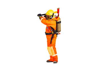 Firefighter man wearing protective fire suite and helmet with equipment and accessories is fire safety accident protection with white background.