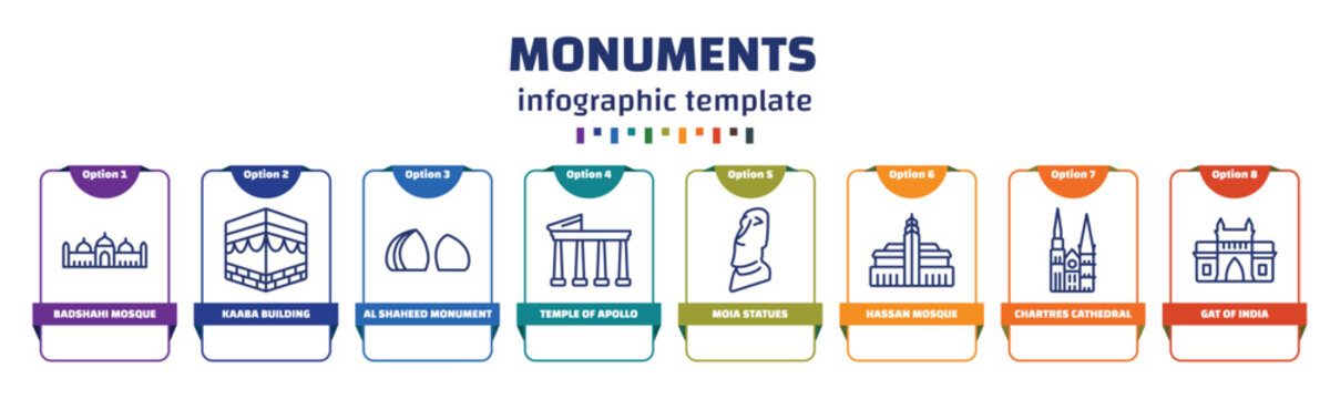 Infographic Template With Icons And 8 Options Or Steps. Infographic For Monuments Concept. Included Badshahi Mosque, Kaaba Building, Al Shaheed Monument, Temple Of Apollo, Moia Statues, Hassan