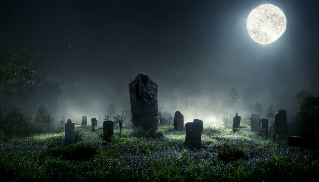 cemetery with pumpkins illustration for halloween.3D illustration.Digital painting.
