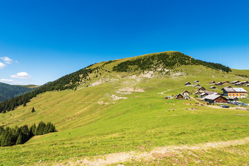 Fototapeta na wymiar Panoramic view of the Osternig or Oisternig mountain peak, Carnic Alps, Feistritz an der Gail municipality, Austria, Carinthia, central Europe. Italy-Austria Border.