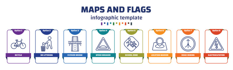 infographic template with icons and 8 options or steps. infographic for maps and flags concept. included bicycle, no littering, flyover bridge, speed breaker, school zone, location marker, road - Powered by Adobe