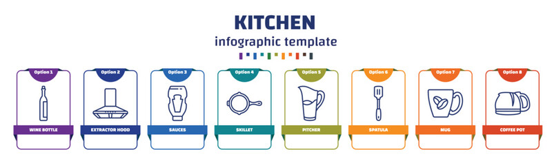 infographic template with icons and 8 options or steps. infographic for kitchen concept. included wine bottle, extractor hood, sauces, skillet, pitcher, spatula, mug, coffee pot icons.