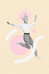 Vertical collage image of excited person black white gamma hand instead head demonstrate middle...