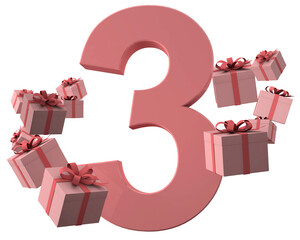 Pink number 3 a birthday concept with gift boxes, 3d render