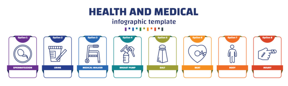 Infographic Template With Icons And 8 Options Or Steps. Infographic For Health And Medical Concept. Included Spermatozoon, Urine, Medical Walker, Breast Pump, Salt, Beat, Body, Injury Icons.