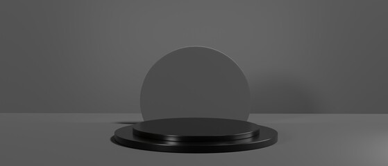 3D render of Cylinder podium with Black color on dark background.platform for product presentation minimal style. empty dark. Black pedestal for banner.