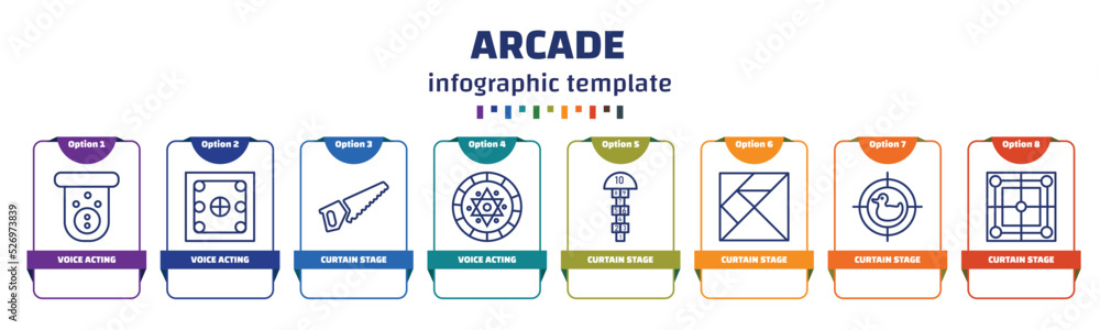 Poster infographic template with icons and 8 options or steps. infographic for arcade concept. included voi