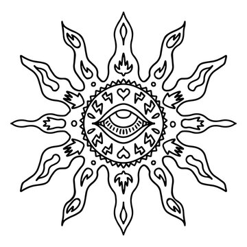 Esoteric mandala line art illustration. Vector sun with the third eye, signs of lightning, love and hearts, palms.