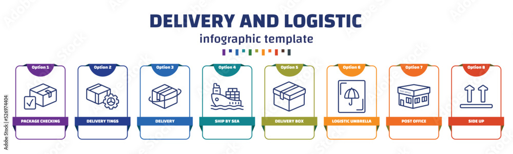 Aufkleber infographic template with icons and 8 options or steps. infographic for delivery and logistic concep