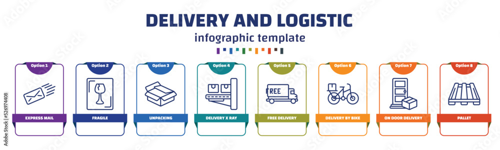 Aufkleber infographic template with icons and 8 options or steps. infographic for delivery and logistic concep