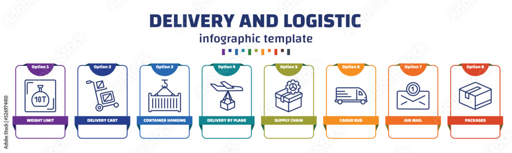 Aufkleber infographic template with icons and 8 options or steps. infographic for delivery and logistic concep