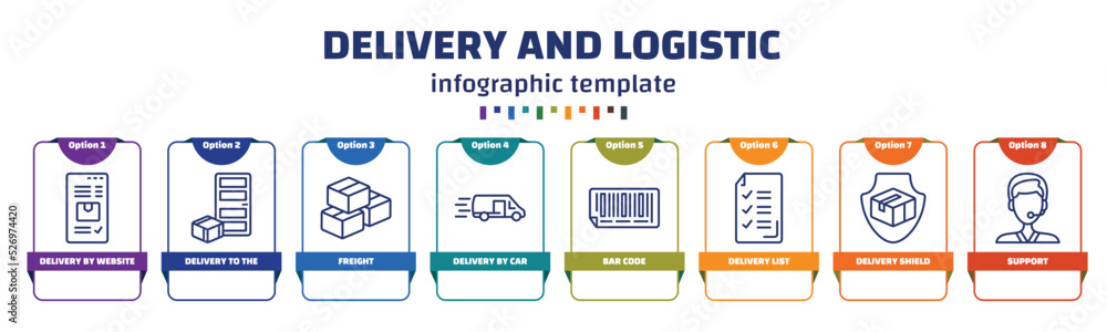 Aufkleber infographic template with icons and 8 options or steps. infographic for delivery and logistic concep