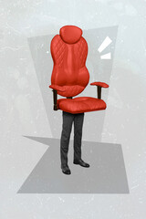 Collage 3d image of pinup pop retro sketch of red chair standing man legs isolated painting...