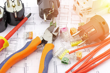 Electrical tools and materials for the installation of an electrical panel on an electrical diagram.